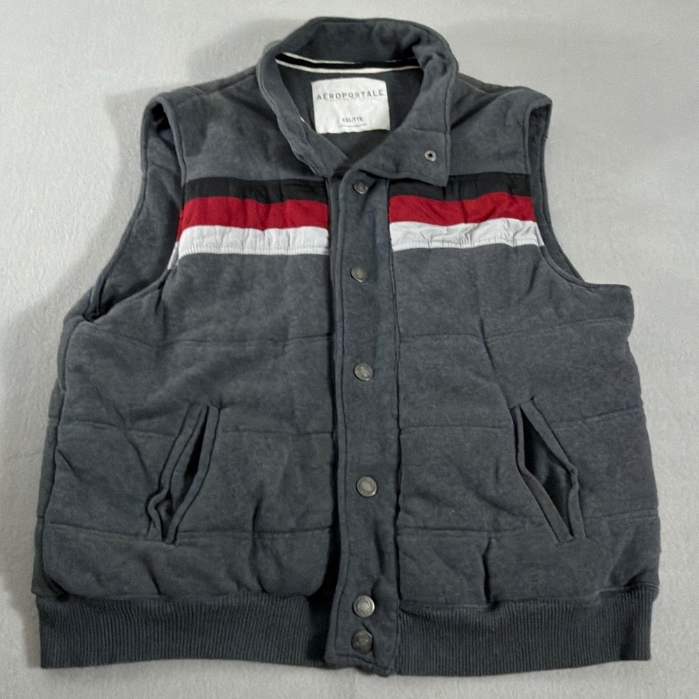 Aeropostale Mens XXL Gray Quilted Puffer Vest Red White Stripe Snap Front 0349
